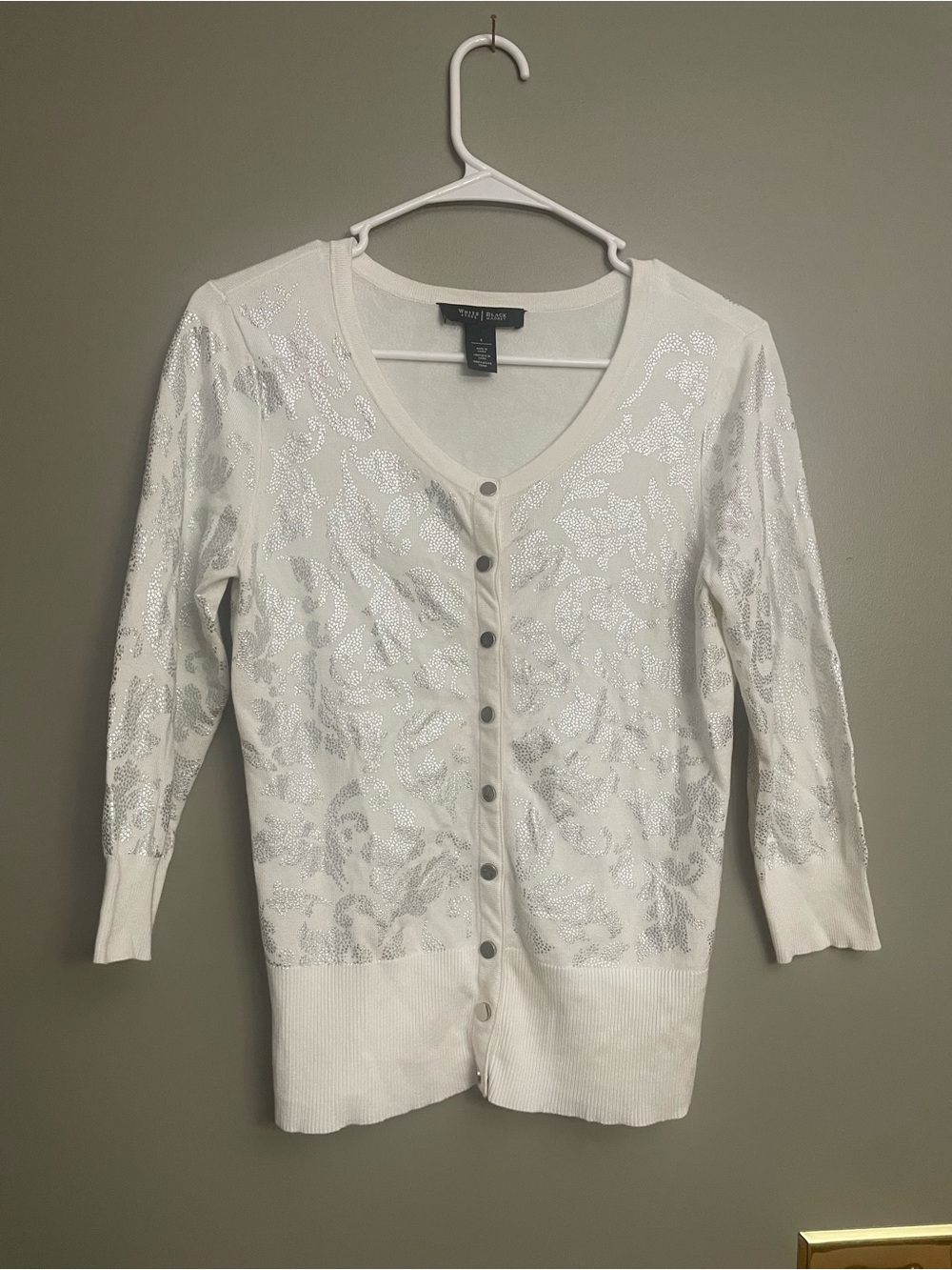 White House Black Market White Sequin Floral V-Neck Cardigan